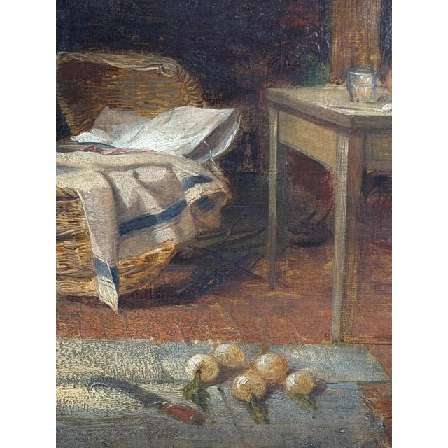 British Artist, Victorian Cottage Interior with Mother and Children, 1860-1870, Oil on Canvas For Sale - Image 8 of 18