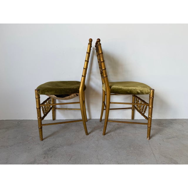 Antique Italian Faux Bamboo Gilt Wood Accent Chairs With Green Velvet Upholstery – A Pair Description: For Sale - Image 4 of 12