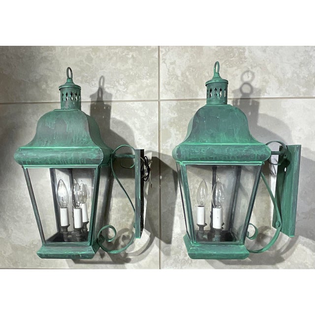 Pair of Vintage Colonial Solid Brass Wall Lanterns. 20”h X 8”.5w X 12”d For Sale - Image 9 of 18