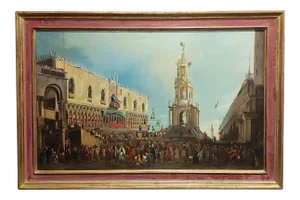 18th Century Antique Canaletto School-Doge Palace Festival in Venice Oil Painting