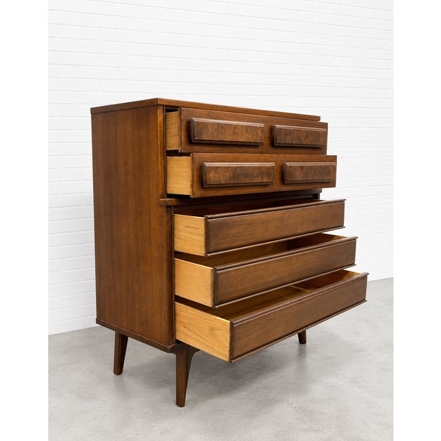 Brown Mid Century Modern Walnut Dresser by United Furniture Co. | Burled Drawers | Refinished Storage 1960's For Sale - Image 8 of 11