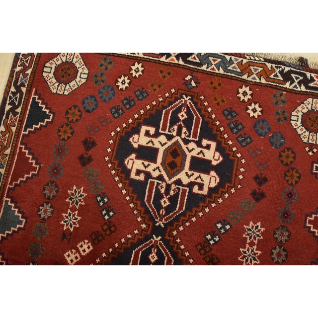 Shiraz Rug 3’9” X 5’3” Red Wool Vintage Tribal Hand-Knotted Oriental Carpet For Sale In Philadelphia - Image 6 of 12