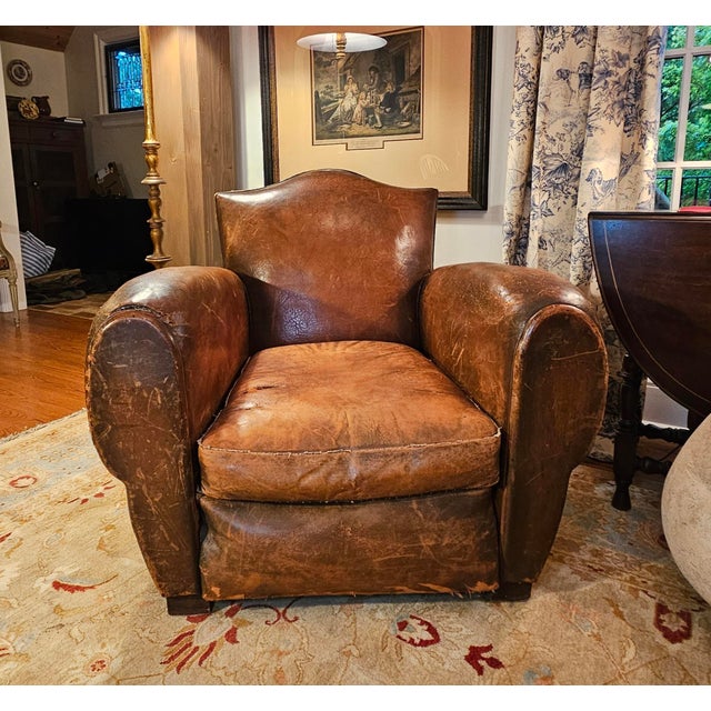 Early 20th Century Pair of 1930's French Art Deco, Cognac Leather Chairs With Nail Head Decoration For Sale - Image 5 of 18