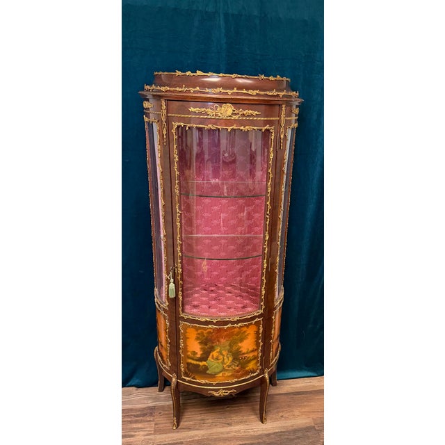 Brown Antique French Louis XVI-Style Vitrine Cabinet With Gilt Ormolu Mounts & Painted Panels For Sale - Image 8 of 8