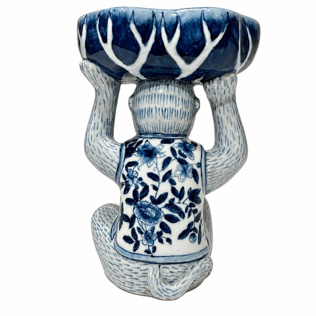 Chinoiserie Vintage Blue White Floral Chinoiserie Monkey Bowl For Sale - Image 3 of 7