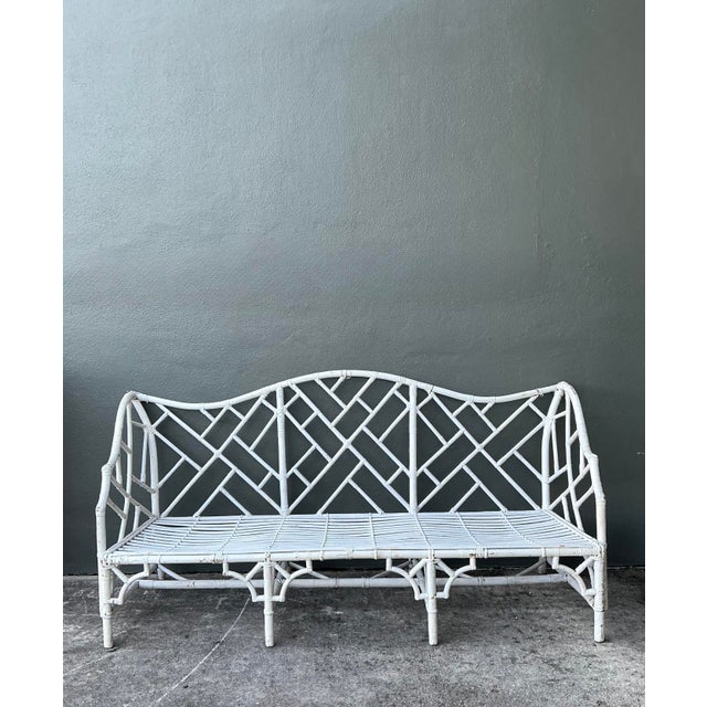 White Vintage Chinese Chippendale Camel Back Rattan Sofa For Sale - Image 8 of 12