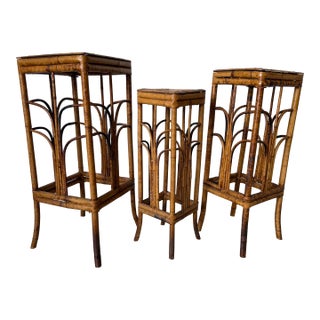 Vintage Tortoiseshell Scorched Bamboo Nesting Plant Stands – Set of 3 For Sale