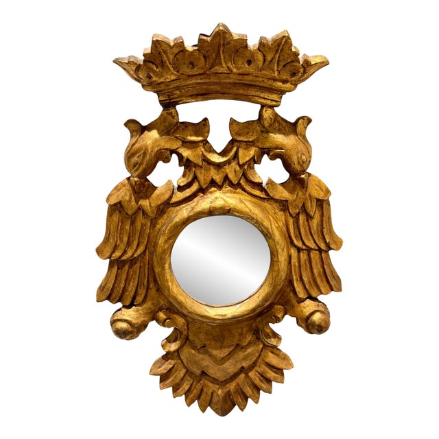 Petite 18th C Style Double Eagle Armorial Crest Crowned Giltwood Mirror For Sale