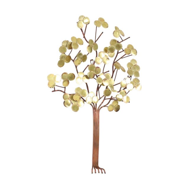 Vintage tree—a three-dimensional art object made of solid red and yellow copper (brass)—designed as wall decor and signed...