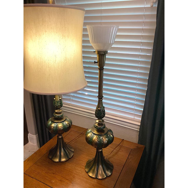 Mid-Century Modern Mid 20th Century Hollywood Regency Rembrandt Brass Lamps With Original Shades - A Pair For Sale - Image 3 of 12