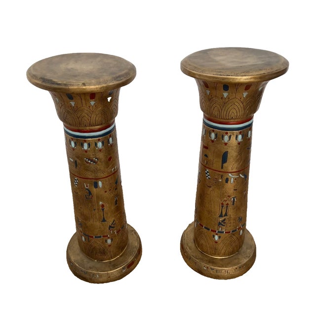 1990s Vintage Egyptian Column Plant Stands Pedestals Carved Stone Look Resin Set of Two For Sale - Image 5 of 13