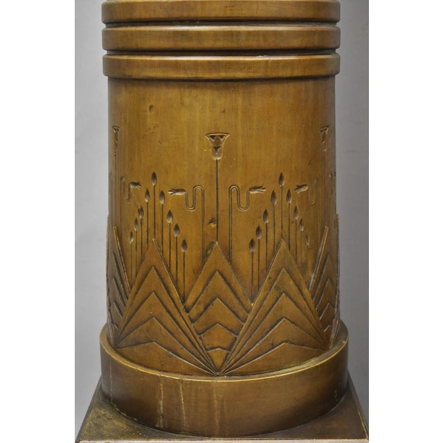 Antique Art Deco 75" Tall Wooden Pedestal Column Geometric Chevron Carved - Pair For Sale - Image 4 of 18