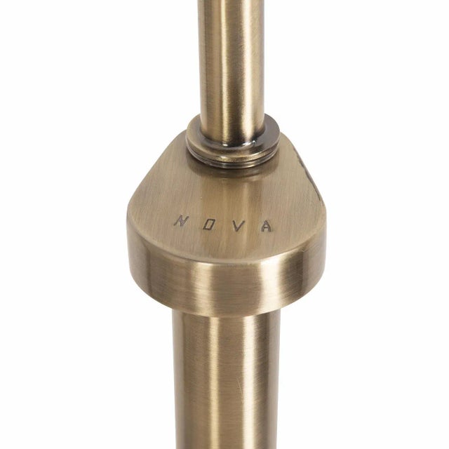 Coffee Tambo Arc Floor Lamp - Dark Walnut Wood Finish, Weathered Brass, Tambour Base, White Linen Shade, Dimmer For Sale - Image 8 of 12