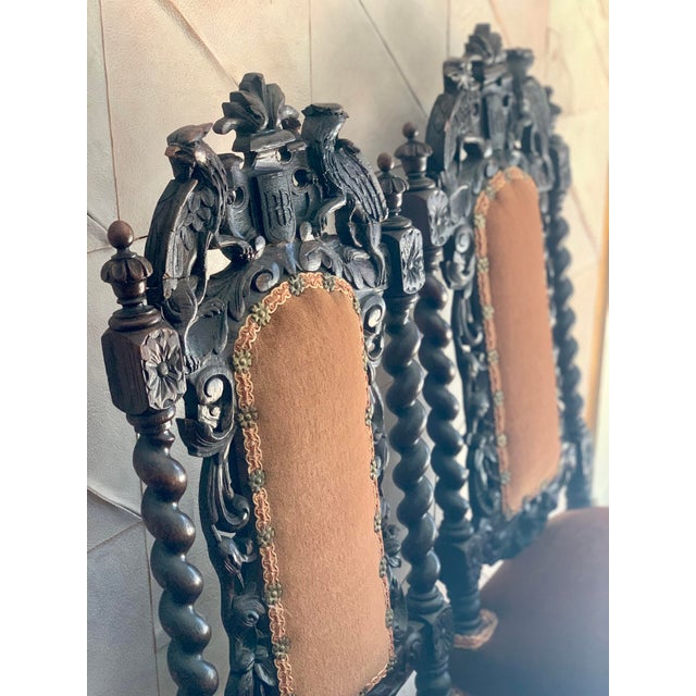 Late 19th Century Antique Ornately Carved Wood & Upholstery Jacobean Renaissance Revival Carved Parlor Throne Chairs- A Pair For Sale - Image 12 of 12