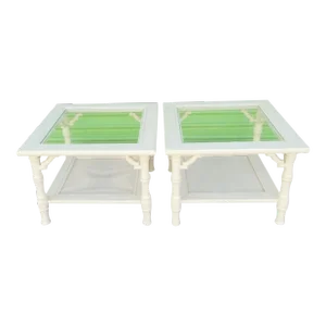 Vintage Mersman Faux Bamboo Cane Palm Beach White Glass Top Side Tables- a Pair