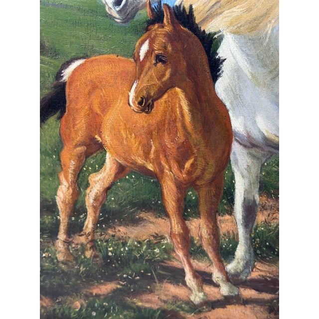 Realism Gilt Framed Oil Painting Grey Mare and Chestnut Foal "Mother and Son" After Henry William Banks Davis Ra For Sale - Image 3 of 18