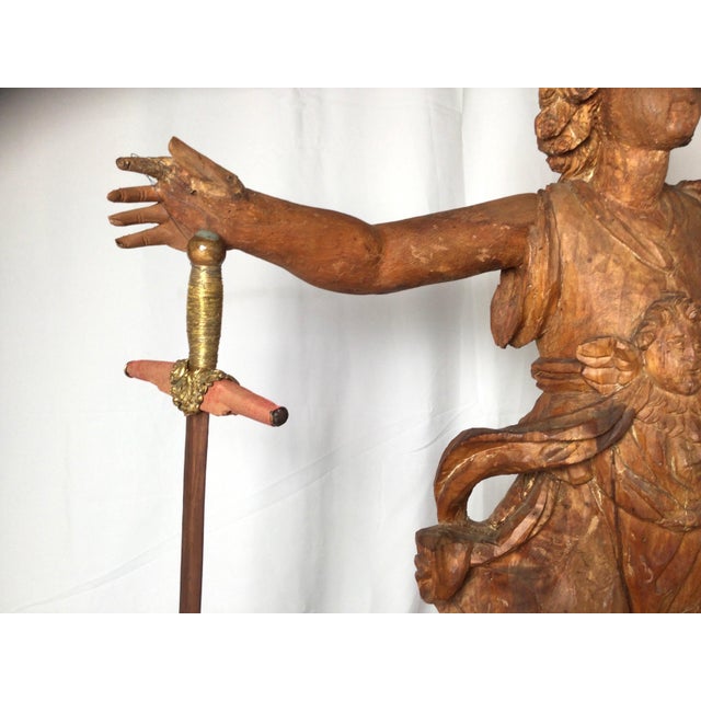 Exceptional 17th Century Carved Wooden Statue of Saint Micheal For Sale - Image 9 of 16