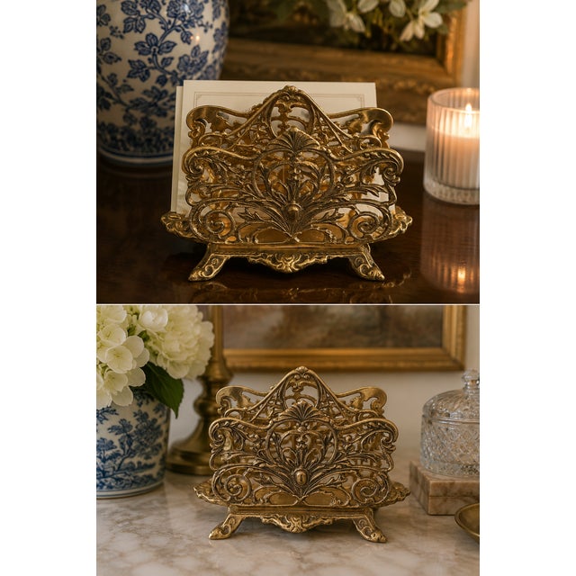 Traditional Vintage Ornate Solid Brass Filigree Letter Holder / Napkin Holder For Sale - Image 3 of 5