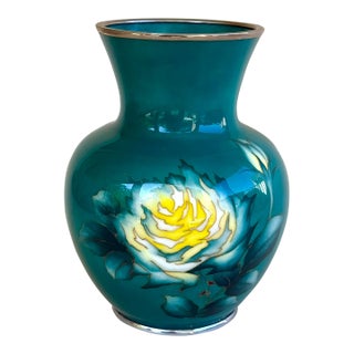 Mid 20th Century Ando Cloissone Vase Teal & Yellow Chrysanthemum For Sale