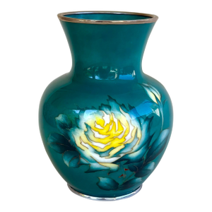 Mid 20th Century Ando Cloissone Vase Teal & Yellow Chrysanthemum