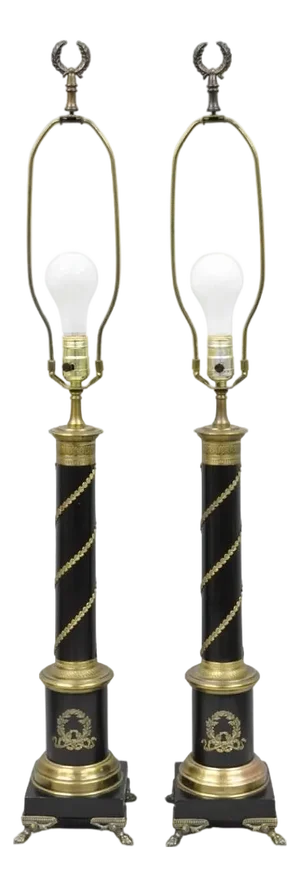 Vintage French Empire Style Black Column Brass Ormolu Bouillotte Table Lamp Pair