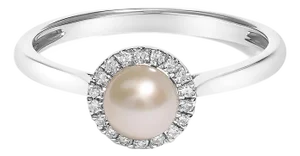 10K White Gold 5MM Cultured Freshwater Pearl and Diamond Halo Ring (I-J Color, I1-I2 Clarity) - Ring Size 7