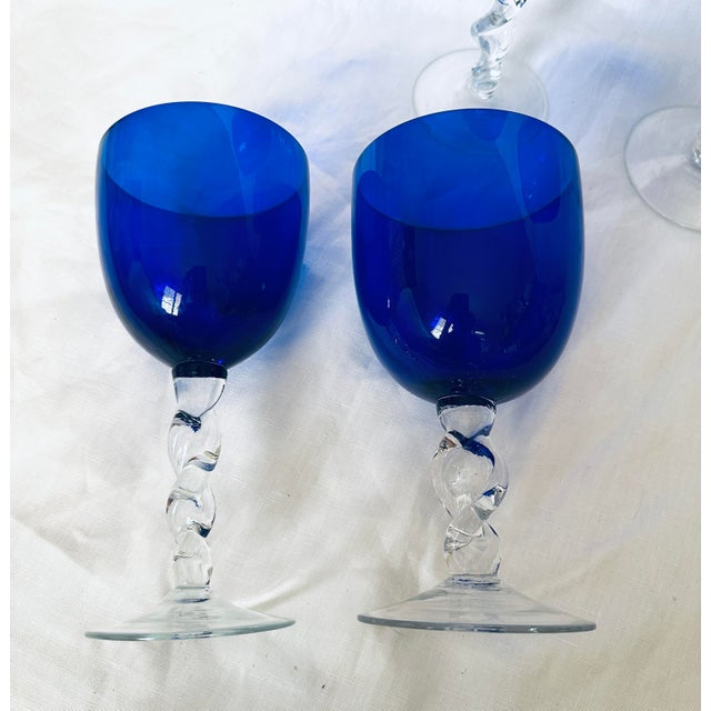 Contemporary Set of 4 Empoli Cobalt Blue Twisted Stem Goblets & Wine Glasses For Sale - Image 3 of 6