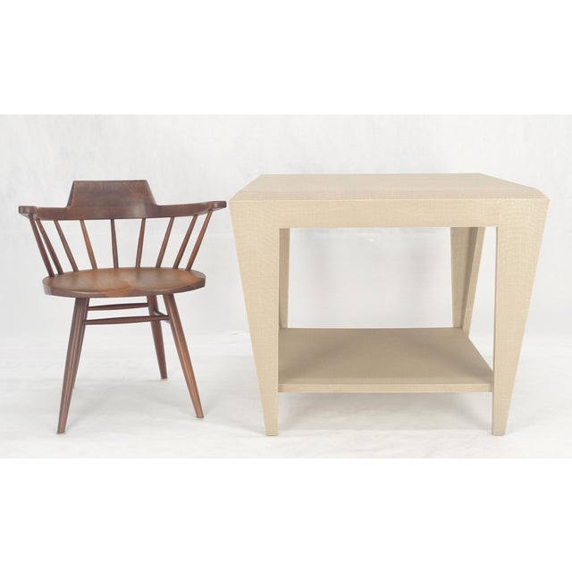 Enrique Garcel Lacquered Cloth Rectangle Tapered Legs Two Tier Bottom Shelf Beige End Table For Sale - Image 4 of 8