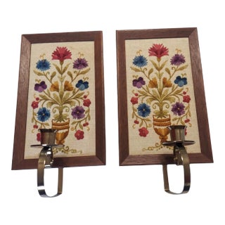 Vintage Brass & Wood Floral Crewel Embroidery Wall Candle Sconces- a Pair For Sale