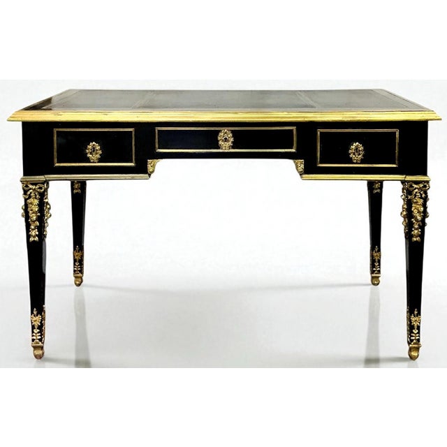 Black French Louis XVI Style Lacquer, Gilt Bronze & Leather Top Desk / Writing Table For Sale - Image 8 of 8