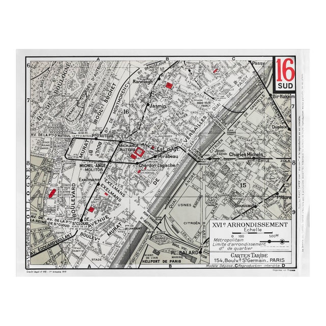 1959 Original Cartes Tarides Map of Paris, XVI Arrondissement For Sale