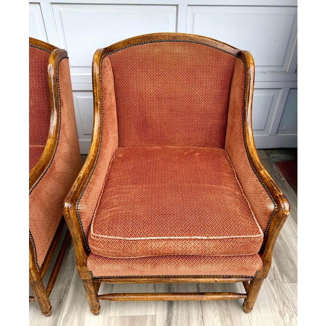 Pair of Vintage Cal-Mode French Walnut Lounge Chairs in Terracotta Upholstery For Sale - Image 11 of 16