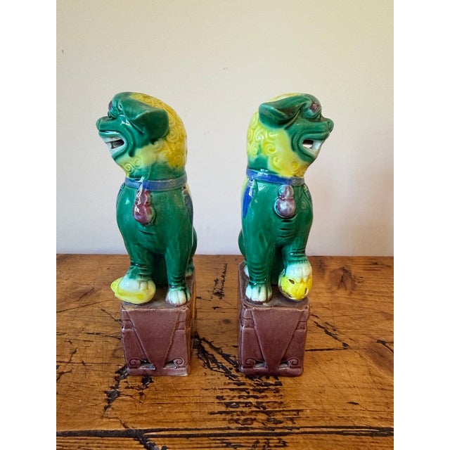 Pair of Vintage Colorful Small Chinese Porcelain Foo Dogs For Sale - Image 4 of 9
