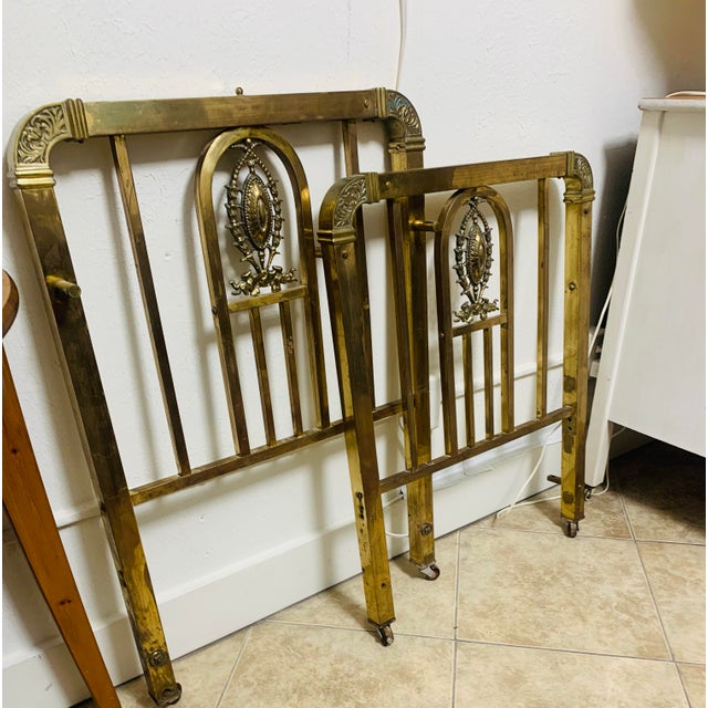 Antique Victorian Brass Children’s Twin Bed Headboards – Pair With Ornate Cast Medallions For Sale - Image 4 of 6