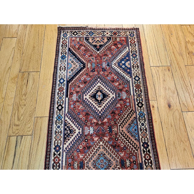 Vintage Persian Shiraz Tribal Runner Rug, Hand-Knotted Wool, Geometric Medallion Pattern, Red & Blue, 3x10 For Sale - Image 10 of 15