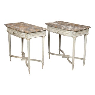 Pair of French Louis XVI 18th Century Painted Console Tables with Marble Tops For Sale