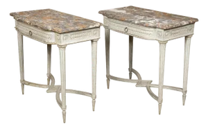 Pair of French Louis XVI 18th Century Painted Console Tables with Marble Tops