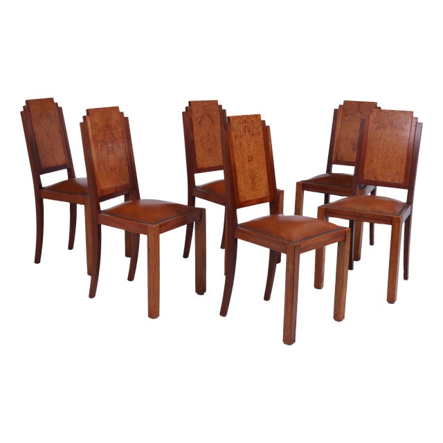 Art Deco French Dining Chairs in Amboyna, 1930, Set of 6 For Sale