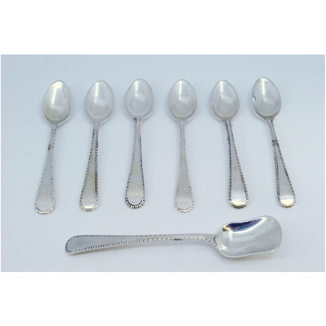 Silver Coffee Spoons and Sugar Shovel with Crimped Handles, Set of 7, in Good conditions. Designed 1920 to 1949