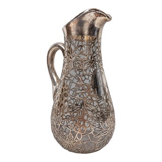 1900s American Sterling Silver Webbed Overlay Glass Pitcher, Alvin For Sale
