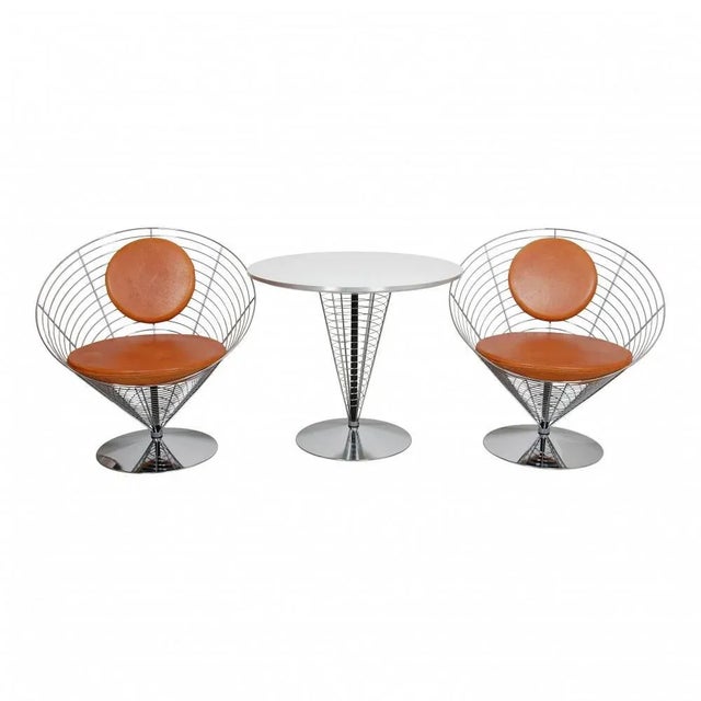 Brown Wire Cone Chair Set with Brown Patinated Leather by Verner Panton for Fritz Hansen, 1980s, Set of 3 For Sale - Image 8 of 8