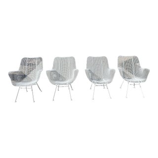 1960s Mid Century Modern Set of 4 Russell Woodard Sculptura Mesh Armchairs Restored Wrought Iron For Sale
