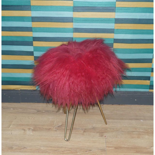 Red Long-Hair Flokati Fur Stool with Brass Hairpin Legs, 1950s For Sale - Image 4 of 10