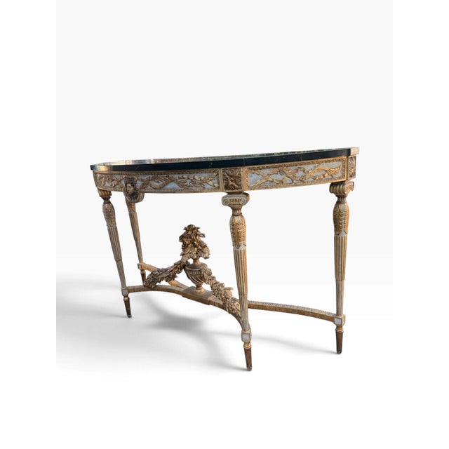 French Louis XVI-Style Giltwood Demi-Lune Console Table With Trompe-L’Œil Marble Top For Sale - Image 3 of 11