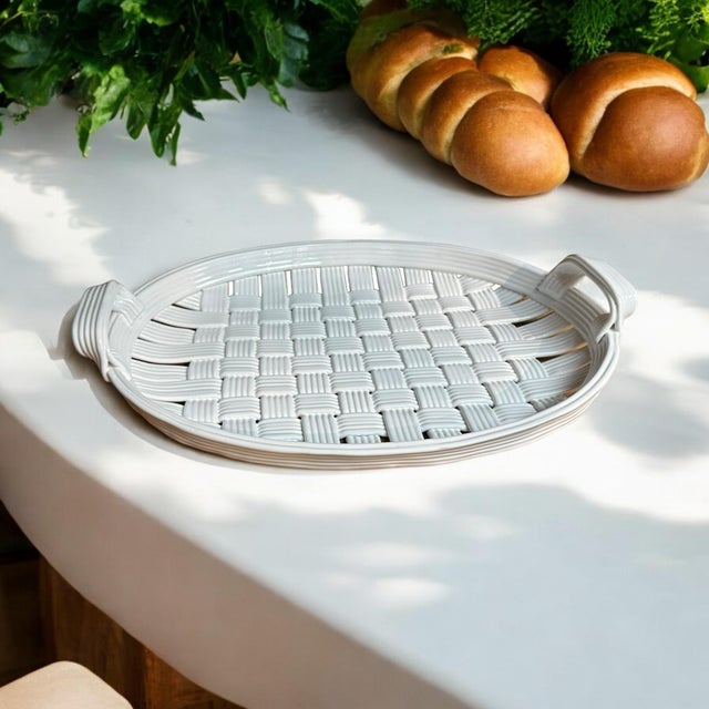 Late 20th Century Ceramic Basketweave Woven Platter Basket Easter For Sale - Image 6 of 11