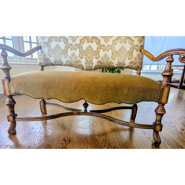 Gold 1960s Custom Designed Neoclassical Style Vintage Bench/Loveseat With Carved Wooden Arms, Velour Camel Color Seat & Gold Damask Upholstery For Sale - Image 8 of 8