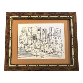 1990’s Original Vintage Wayne Cunningham Abstract Ink Drawing Vintage Tabletop Frame For Sale