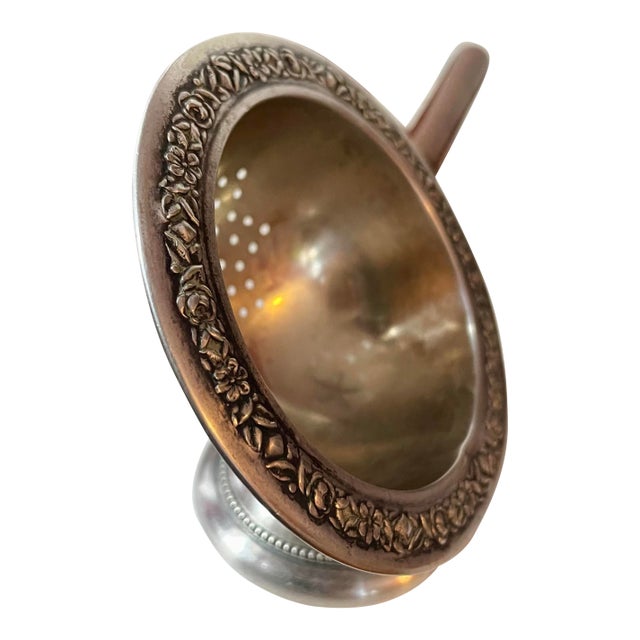 Mid 20th Century Alpaca Silver Embossed Flower Wood Handled Tea Strainer For Sale