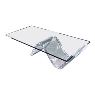 Heavy Lucite Wave Base Rectangle Glass Top Mid-Century Modern Coffee Table For Sale