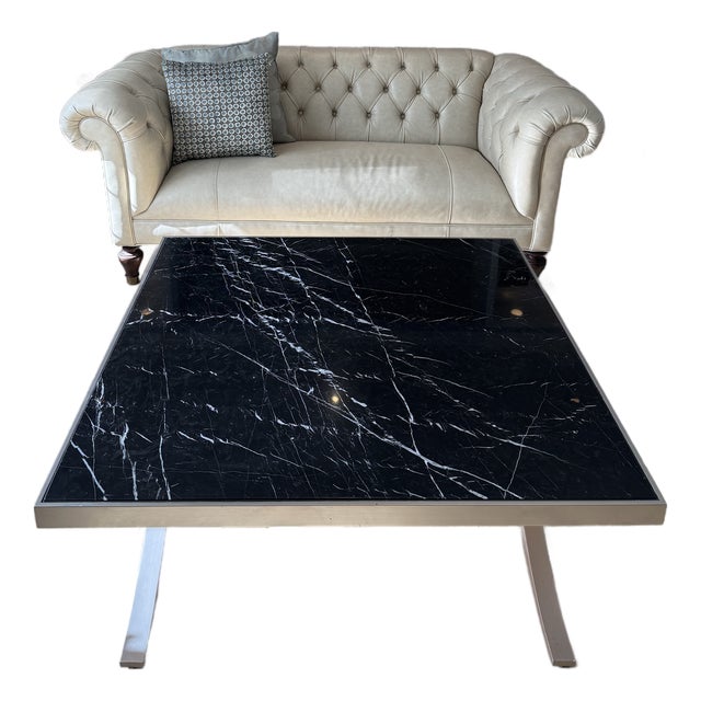 Black Marquina Marble Cocktail Table With Silver Base, Contemporary and Classic Esthetic For Sale